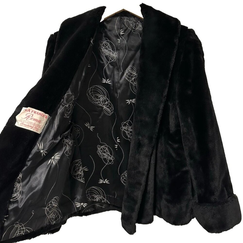 OS Vtg 50s 60s La France Roma Black Faux Fur Parisian Glamour Vegan Evening Coat